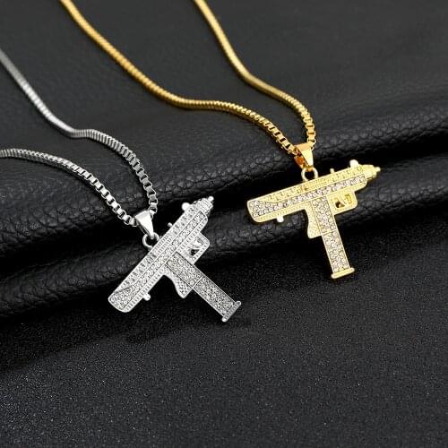 Hip Hop Gun Pendant Necklace For Men Women Gold Color Rhinestone CSGO Charm Pendant Fine Quality Gold Cuban Chain Punk Jewelry
