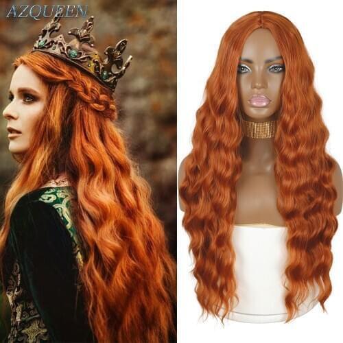 AZQUEEN 26 Inch Cosplay Wig Synthetic Hair Long Orange Brown Ombre Wigs High Density Temperature Wigs For Black White Women Wavy