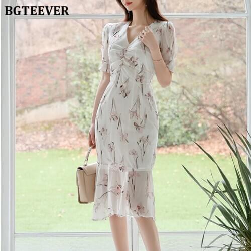 BGTEEVER 2021 Summer V-neck Print Female Dress Short Sleeve Slim Vestidos Women Dress Lace-up Casual Bodycon Dress Femme