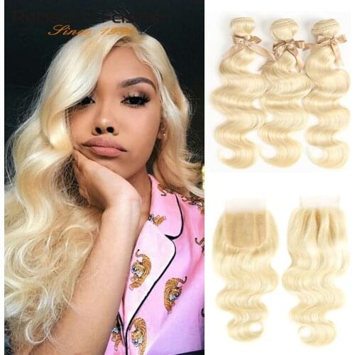Rebecca 613 Blonde Bundles With Closure Brazilian Body Wave Remy Human Hair Weave Bundles 613 Honey Blonde Bundles With Closure