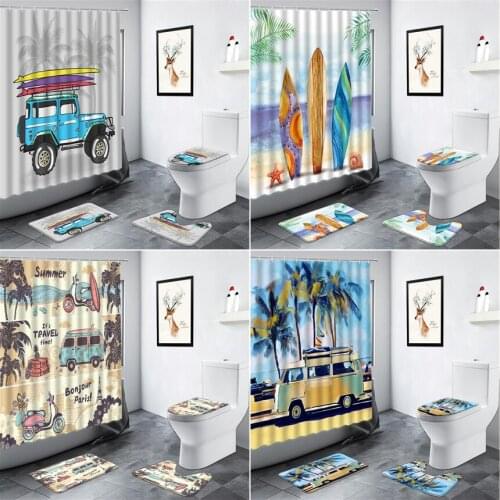 Retro Camper Car Surfboard Shower Curtain Beach Tropical Plant Palm Trees Summer Scenery Bathroom Rug Non-slip Mat Bath Mats Set