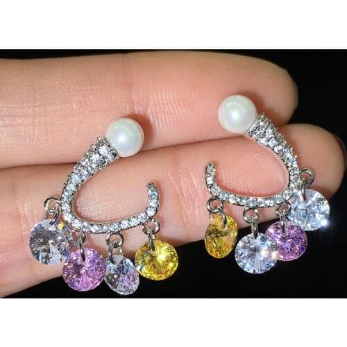 Cute Style Colorful Crystal Drop Micro Pave Zircon CZ With Pearl Exquisite S925 Silver Stud Earrings For Women