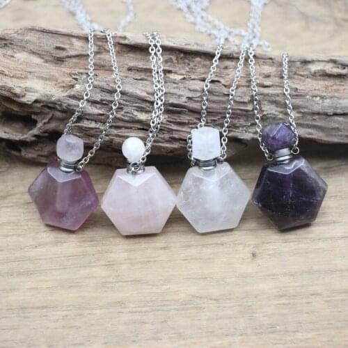 Hexagon Slab Natural Crystal Essential Oil Vial Pendants Necklace Rose Quartzs Perfume Bottle Charms Choker Jewelry QC1050