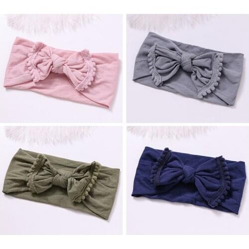 Wide Nylon Bow Headband with Pompom Trim, Round Knot Nylon Head wraps, Top Knot Nylon Turban Headband