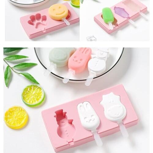 Silicone Ice Cream Mold with Lid DIY Animals fruit Shape Jelly Mould Dessert Chocolate Mold Reusable Popsicle Stick tool 3 grids