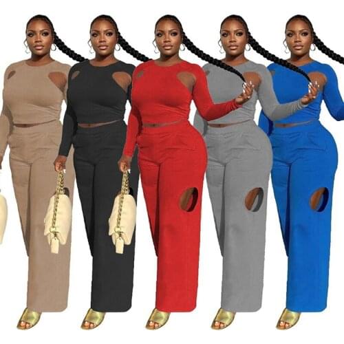 Sexy Two Piece Set Autumn Long Sleeve Solid Crop Top And Hollow Wide Leg Pants Casual Outfits Club Matching Sets S-XXL