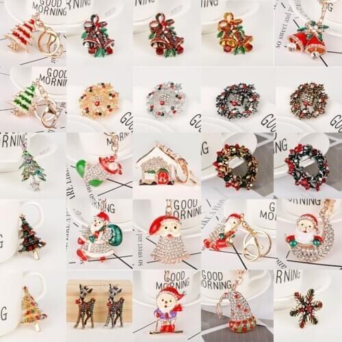 Rhinestone Christmas Deco Keychain Trinket Snowflake Tree Bell Snow house Garland Santa Claus Feature Shape Crystal Keyring Jewe