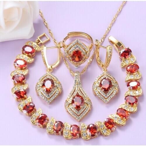 Wedding Accessories Bride Jewelry Set With Red Cubic Zirconia Necklace And Earrings African Gold-Plated Bracelet Ring Sets
