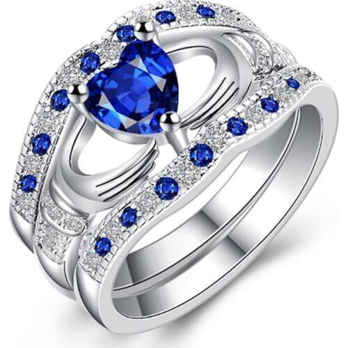 Three Ring Sets Anel Crown Hand Heart Claddagh Anillos Silver plated color Jewelry Blue CZ Crystal Wedding Rings For Women Aneis