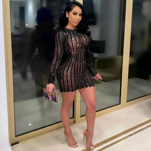 Spring Sexy Dress Slim Long Sleeve Hollow Bodycon Mini Dresses for Women Fashion Birthday Night Party Club Outfits Wholesale