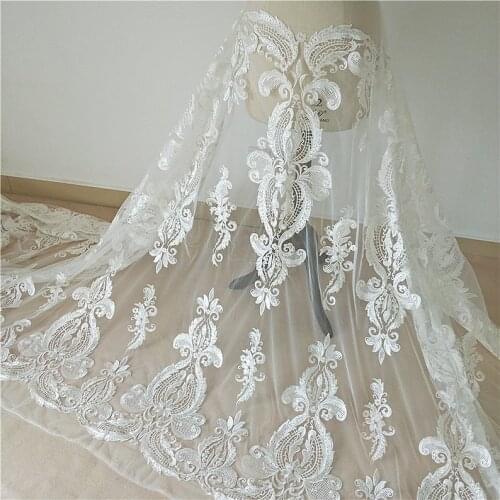 Vintage flower lace fabric in ivory, beautiful tulle embroidery fabric, bridal lace fabric, wedding dress fabric by yard