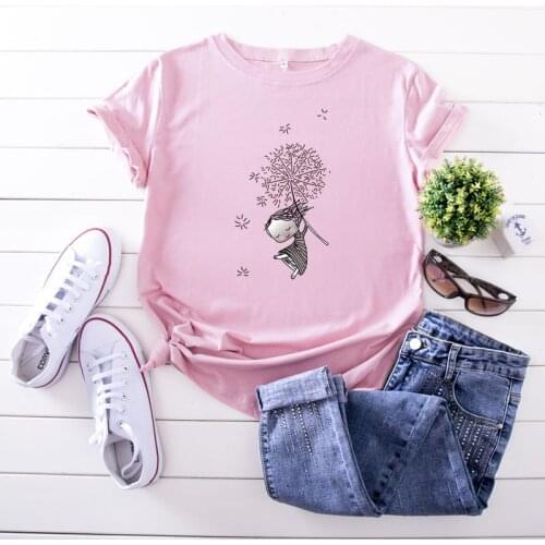100% Cotton Summer New Womens T-shirt O-Neck Harajuku Cute Dandelion Flying Girl Top Casual Female T shirt Oversized S-5XL