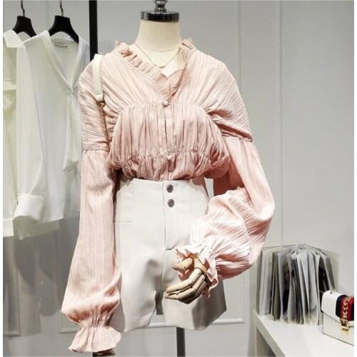 Womens Spring Autumn Runway Fashion Long Sleeve Vintage V Neck Chiffon Shirt Female Casual Loose Blouse Tees Tops TB1665