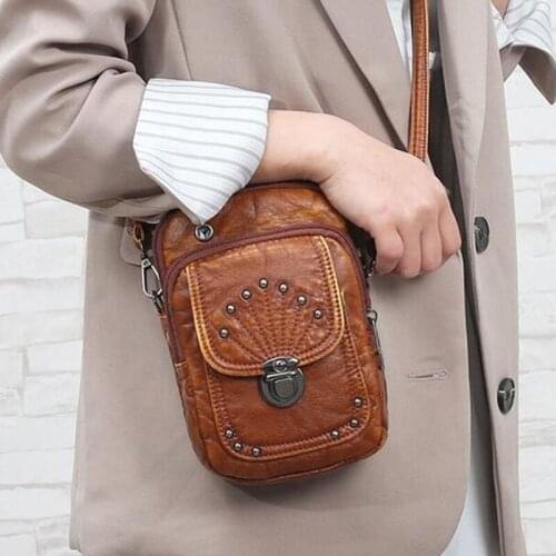 Soft Leather Messenger Bag Women Mobile Phone Bag Rivet Mortise Lock Black Washed Leather Diagonal Vertical Lady Bags 2021