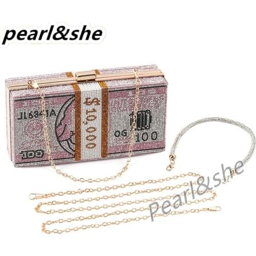 Women Dollar Evening Bags Shiny Rhinestone Clutch Money Purses Fashion Shoulder Bag Handbag Wedding Party Dinner Bag Tote