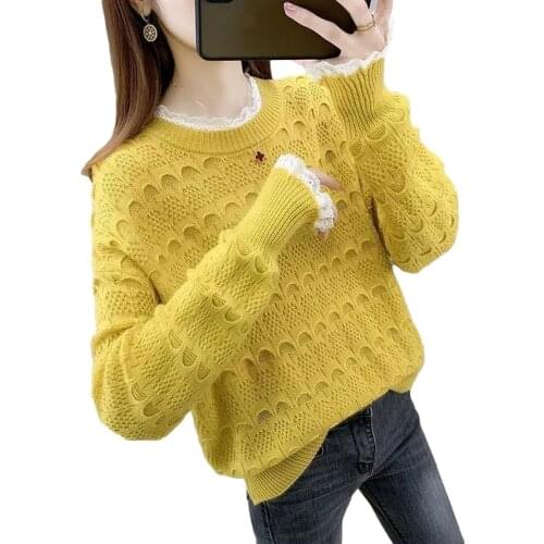 2021 Spring Autumn Fashion Casual Lace O-Neck Pullover Women Knitted Sweater Hollow Out Long Sleeve Pull Femme Ladies Tops G1146