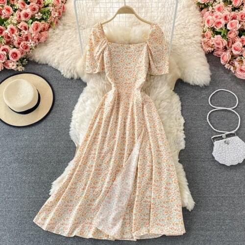 Summer new sweet and cute split Dress Square collar temperament gentle age reduction dresses for women Short sleeves dresses2021