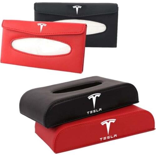 Car Leather Tissue Box Sun Visor Towel Tissue Case Holder for Tesla Logo Model 3 S X Roadster Auto Interior Storage Accessories