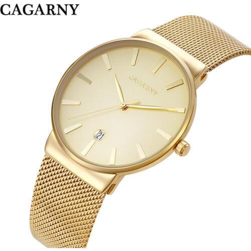 Cagarny Mens Watch Gold Quartz Ultra-thin Simple Cool Stainless Steel Mesh Band Date Wrist Watches Men Luxury Brand Male Clock