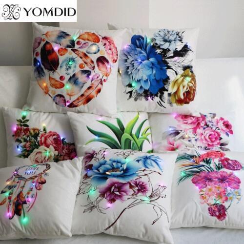 Flower Printed Led Cushion Cover Lighting Pillow Case Christmas Party Decorative Sofa Cushion cover Throw Pillow Coussin 45x45cm