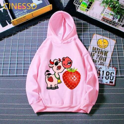 Cute Strawberry Cow Animal Print Hoodies Girls/Boys Kids Clothes Funny Winter Autumn Spring Children Clothing Sweatshirt Coat