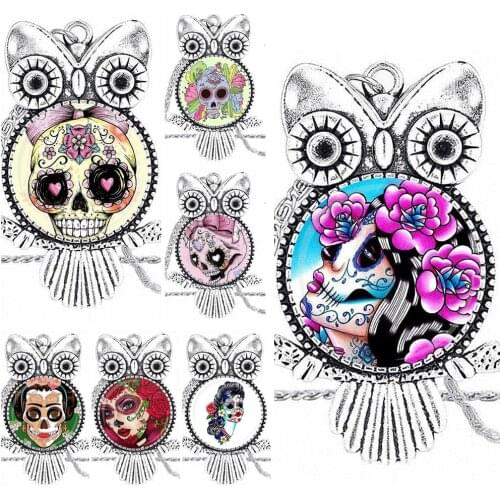 EJ Glaze Glass Cabochon Pendant Necklace Owl Fashion Necklace For ValentineS Day Gift Miss Sugar Skull With Love