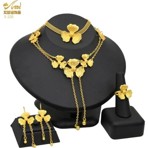 Indian Bridal Jewelry Sets Copper 24k Gold Color Necklace Bracelet Earring Ring Set Flower African Nigerian Jewellery Wedding