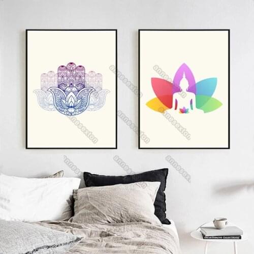 Indian Art Style Canvas Poster and Print Minimalist Buddha Picture Coloured Art Lotus Yoga for Living Room Bedroom Wall Decorati