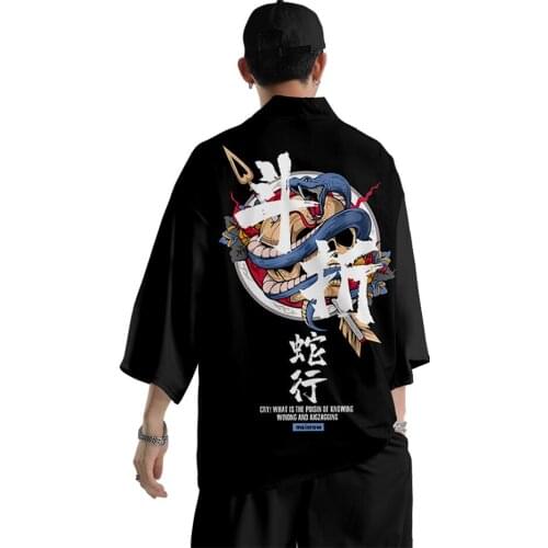 Chinese Cartoon Printed Kimono Cardigan Men Japanese Traditional Casual Loose Thin Set Coat Pants Asian Clothes Harajuku