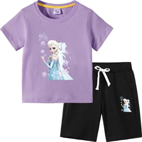 Disney Frozen Snow Summer New Ice And Snow Love Childrens Clothing Set Fashion Cotton Short Sleeve + Pants Baby Casual Suit
