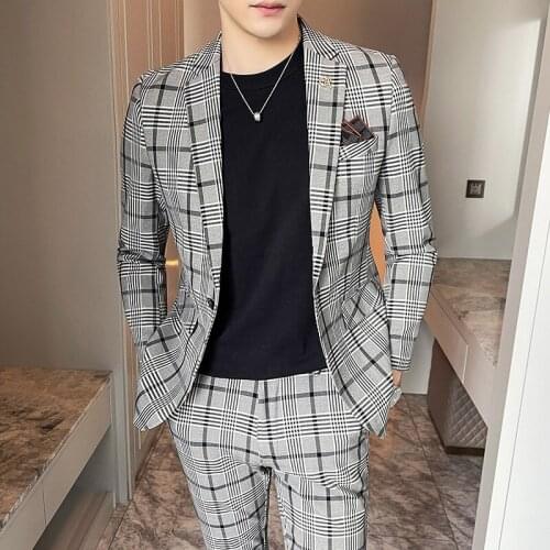 Jacket+Pants) 2021 New Men Fashion Boutique Lattice Business Casual slim Suit Stage Groom Wedding Dress Costume Blazers S-3XL