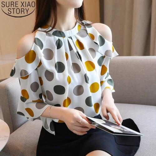 Summer Fashion Polka Dot Chiffon Blouse Off-Shoulder Tops Blusas Mujer De Moda 2021 Summer Korean Women Short Sleeve Blouse 9023