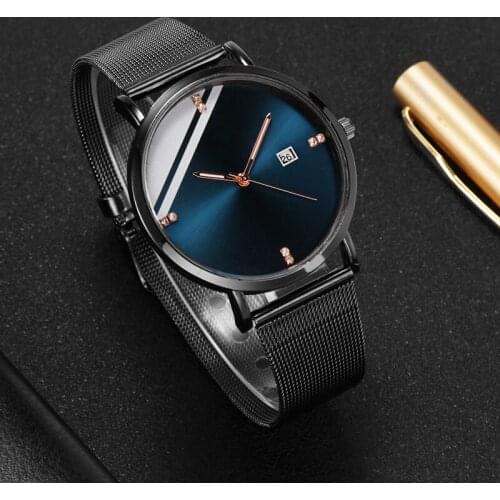 Men Watch Relogio Masculino Simple Wristwatch Mesh Ultra-thin Steel Quartz Wrist Watch Mens Reloj Complete Calendar Watches