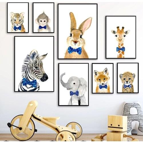 Nursery Wall Art Animal Poster Print Rabbit Elephant Giraffe Monkey Leopard Zebra Canvas Painting Picture Baby Boy Room Decor