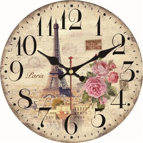 Vintage Rose Stamp Tower Retro Wall Clock,Silent Big Size Quartz Wooden Wall Clocks Arabic Numerals European French Style Clocks