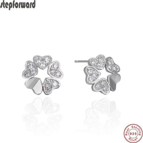 Top Quality Delicate CZ Paved 925 sterling silver love heart flower stud earrings