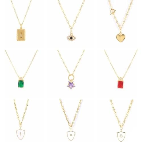 GS 925 Sterling Silver Colored Square Zircon Star Pendant Necklace White Enamel Eye Heart Charm Thick Chain Choker Jewelry