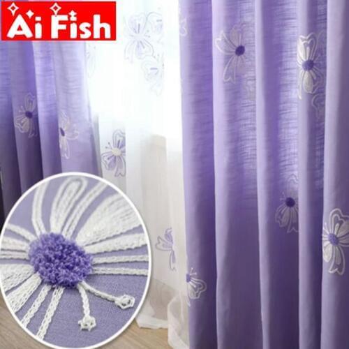 Pastoral Luxury Bedroom Curtain Fabrics Purple Butterfly Shade Curtains For Living Room White Embroidered Voile Drapes MY004-40