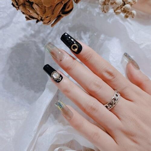 24pcs Black Nail Patch Square Head Glue Type Removable Long Paragraph Fashion Manicure Save Time False Nail Patch DL