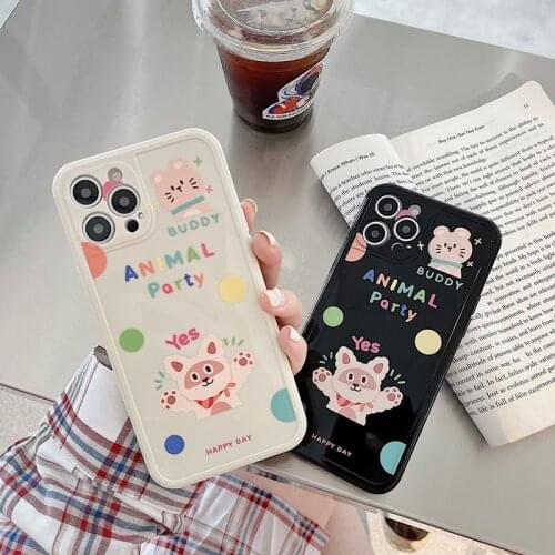 Retro kawaii puppy buddy cat party Japanese Phone Case For iPhone 11 12 Pro Max Xr Xs Max 6 7 8 Plus 7Plus case Cute Soft Cover