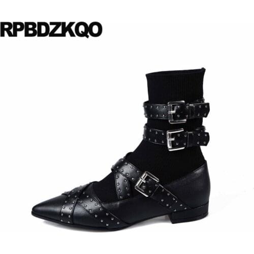 Rivet Flat Short Women Boots Winter 2021 Ankle Studded Stud Shoes Pointed Toe Metal Belts Stretch Luxury Autumn Black Slip On