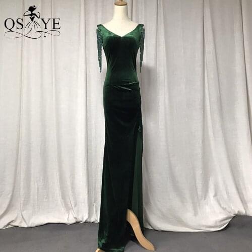 Sexy Split Green Evening Dress Beading Straps Party Dress Long V Neck Back Formal Gown Dropping Bead Emerald Velvet Prom Dress