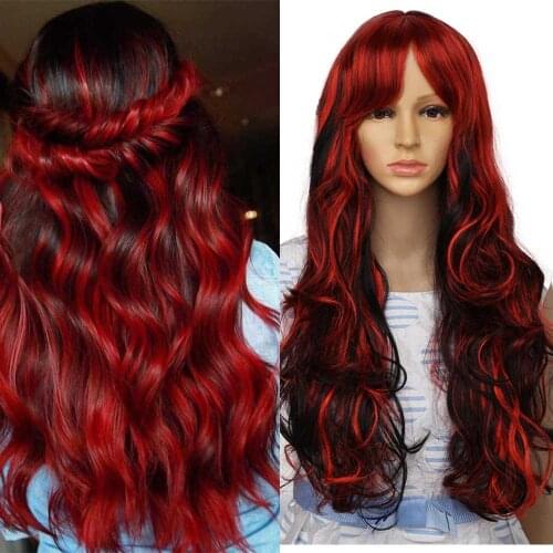 Long Ombre Wigs Cosplay Body Wave Synthetic Wigs With Bangs For Women Black Red Daily Party Wig High Temperature Fiber