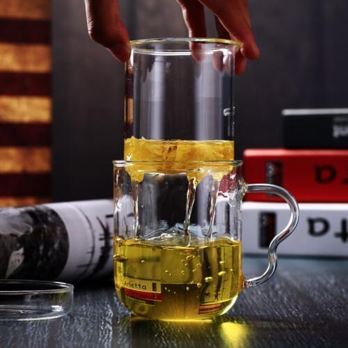 Glass Tea Cup, ear shape glass cup with lid and handle, 300-400ml transparent cup with infuser