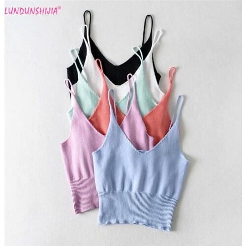 LUNDUNSHIJIA 2020 Summer Women Fashion Sexy V-neck Candy Colors Knitting Cotton Camisole Top Ladies Basic Crop Bustier Vests Top