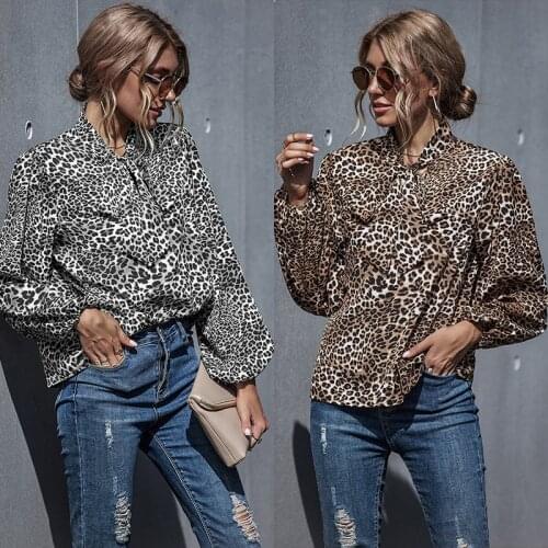 Sexy Leopard Print Top Womens 2021 Fall/winter New Style Printed Stitching Loose Casual Fashion Long-sleeved Blouse