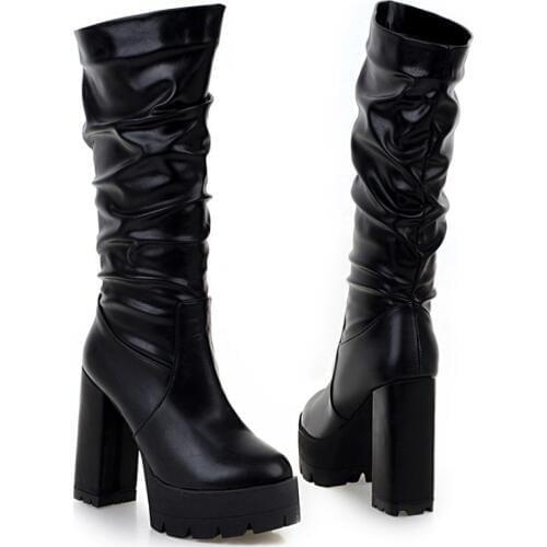 Cheap Mid Calf Winter Boots High Heeled Platform Womens Shoes Chunky Heels White Black Pink Blue 12cm