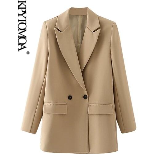 KPYTOMOA Women 2020 Fashion Office Wear Double Breasted Blazer Coat Vintage Long Sleeve Pockets Female Outerwear Chic Tops