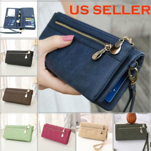 Womens Vintage Large Capacity Long Leather Wallet Clutch Zipper Purses Card Holder Ladies Wristband Wallets