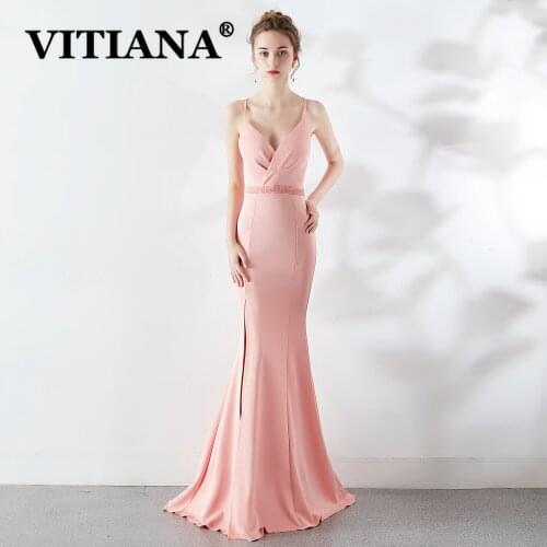 VITIANA Women Banquet Party Dress Female Spaghetti Strap Deep V-Neck Sexy Elegant Dresses Femme Backless Trumpet Long Vestidos